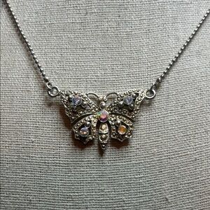 Beautiful Silver Butterfly Pendant Necklace with iridescent stones